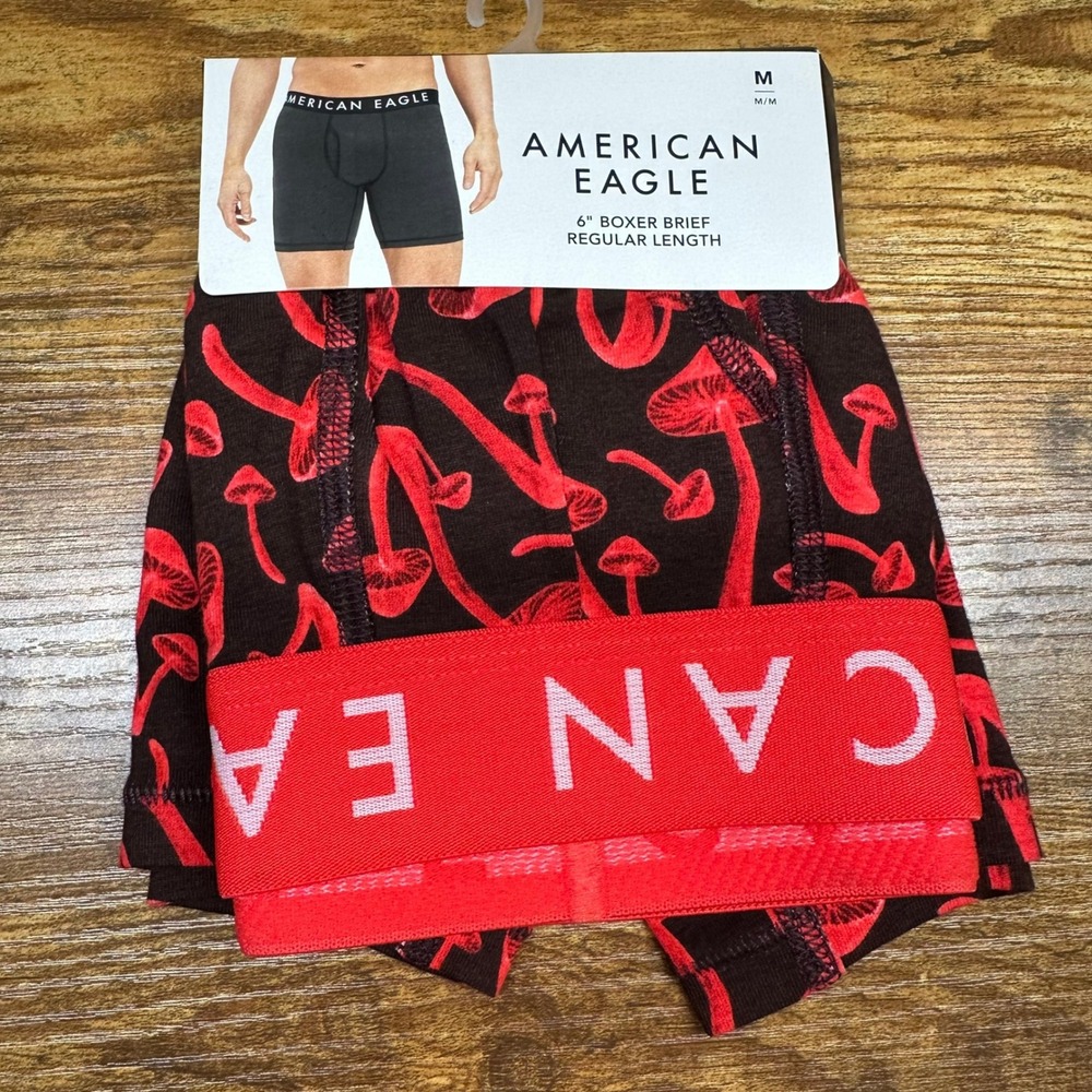 NEW American Eagle Mens 6 Inch Boxer Brief Red Mushroom Print Black Medium 32-34